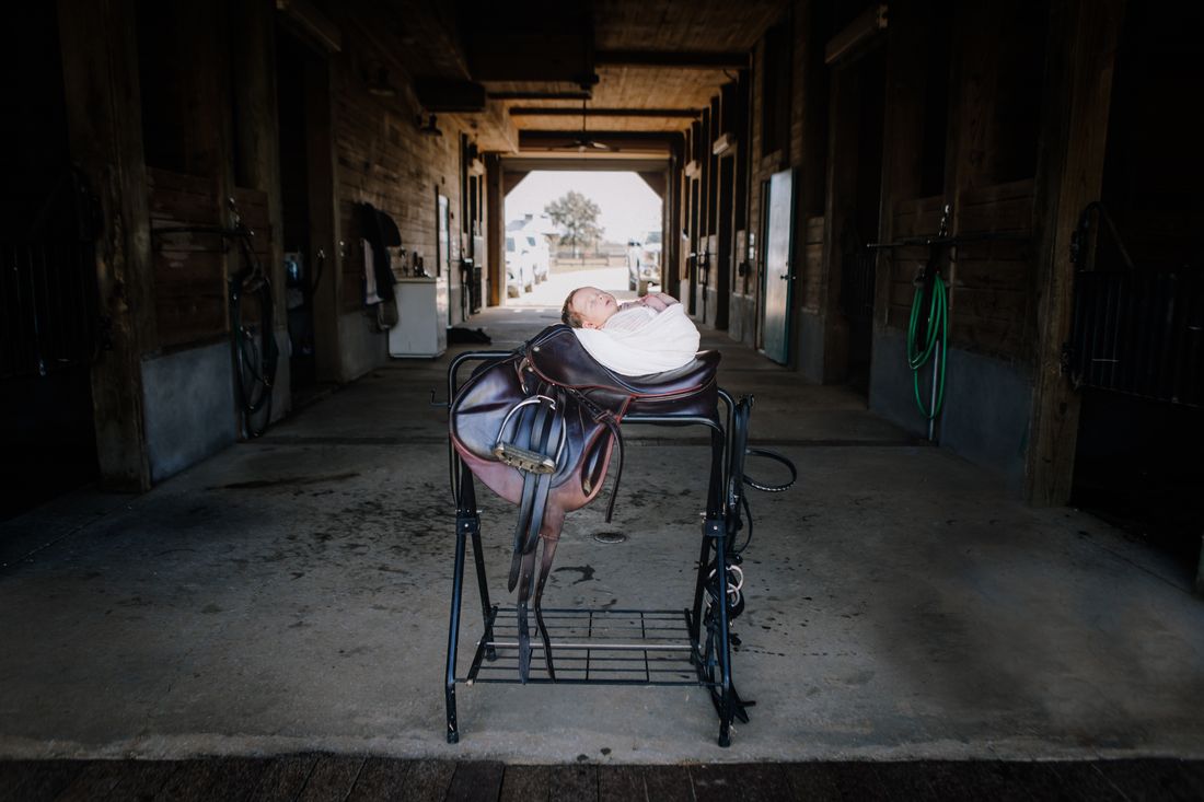 A swaddled newborn asleep on a leather saddle in the middle of a sunlit barn aisle