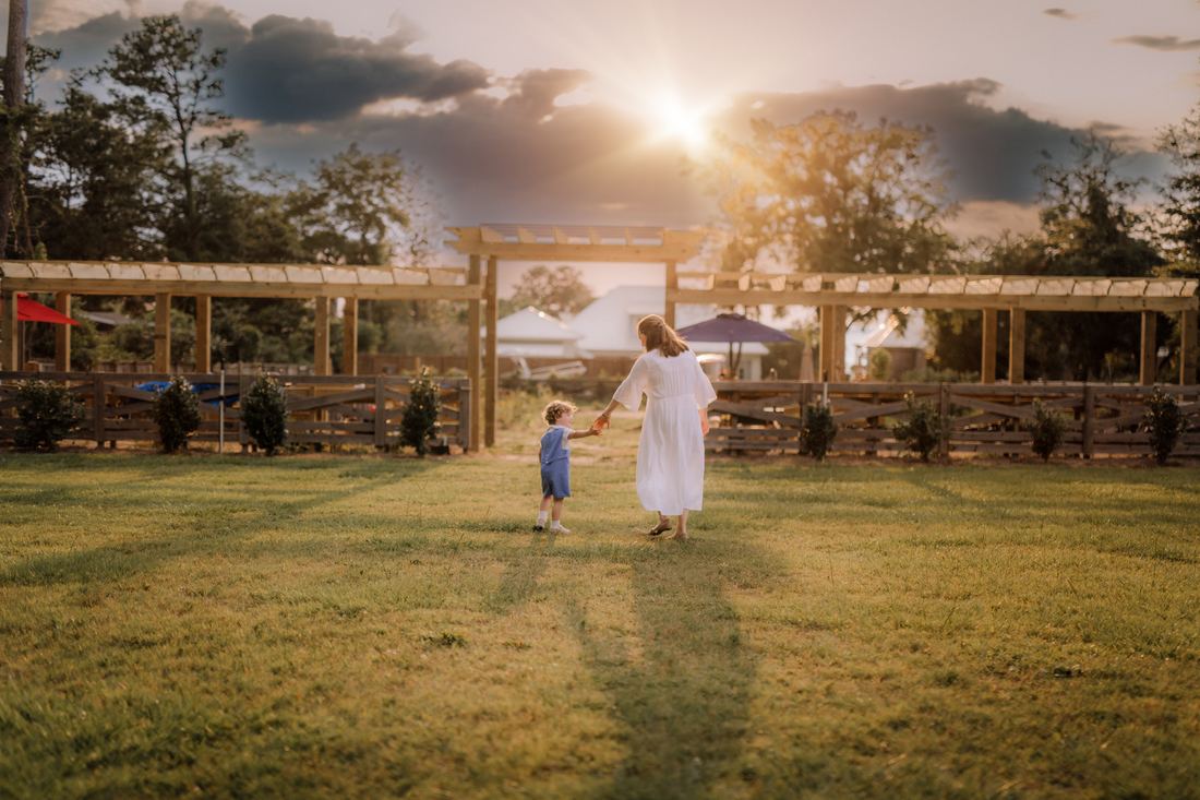 A mother and her small son walking hand in hand across the grass toward the setting sun, seen from behind